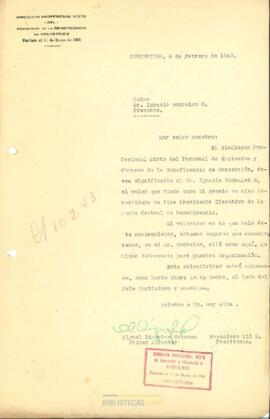 Carta de felicitación del Sindicato Profesional Mixto del Personal de Empleados y Obreros de la Beneficencia de Concepción a Ignacio González G. por su nombramiento