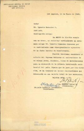 Carta de felicitación de la AMECH a Ignacio González G. por su nombramiento como vicepresendente de la Junta Central de Beneficencia