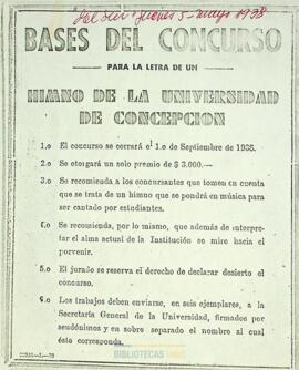 Set de fotocopias con recortes de prensa referentes a los concursos para la letra y música del Himno de la Universidad de Concepción, 1938 y 1939