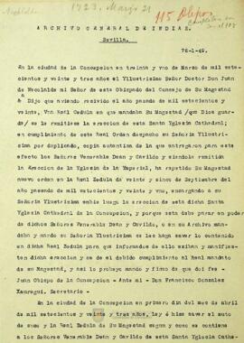 Francisco Gonzáles Jauregui, secretario del obispo Juan de Necolalde, da fe del contenido de dos reales cédulas sobre la erección de la Catedral de Concepción y entregó la información de estas al Dean y Cabildo eclesiástico