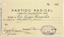 Comprobante de pago de Ignacio González Ginouvés al Partido Radical