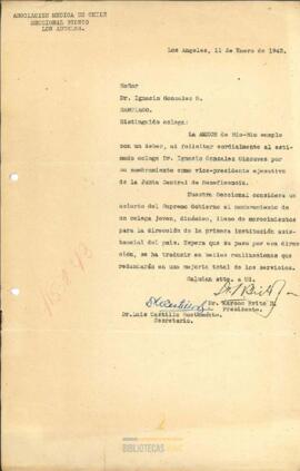 Carta de felicitación de la AMECH a Ignacio González G. por su nombramiento como vicepresendente de la Junta Central de Beneficencia