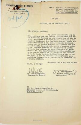Agradece su intervención en nueva contratación por la Beneficencia del Prof. Max Westenhoefer