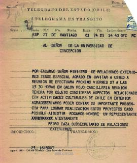 Telegrama de Pedro Daza al señor de la Universidad de Concepción