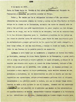 Carta de Tomás Marín de Poveda al Rey sobre la población del Obispado de Concepción y personas que podrían suceder al Obispo